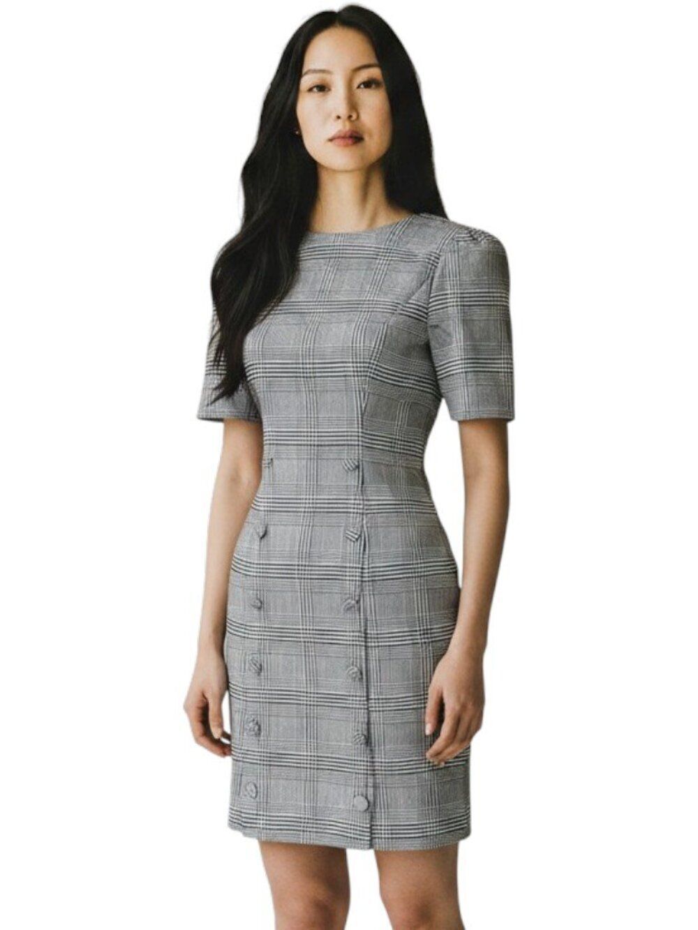 NBD Plaid Houndstooth Mini Dress Puff Sleeve Open Back Bodycon Black White XS